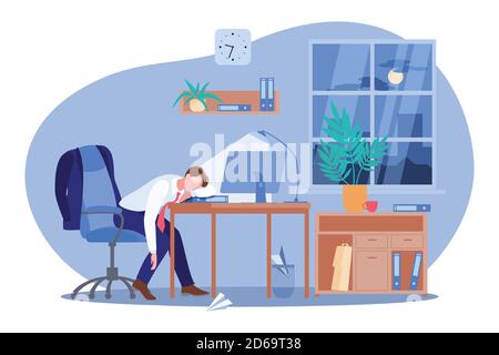 Stanco freelance o uomo d'affari che dormiva alla scrivania del computer in un ufficio buio. Illustrazione di un cartone piatto vettoriale. Lavoro, sforzo di lavoro e fatica c Illustrazione Vettoriale