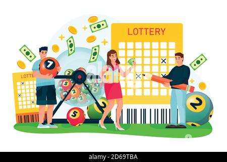 La gente felice vince i soldi nella lotteria del bingo. Illustrazione vettoriale a fumetto piatto per giochi di casinò o di gioco d'azzardo. Uomo e donna incrociano i numeri in lotteria tica Illustrazione Vettoriale