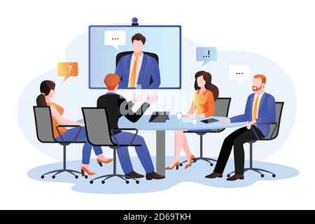 Team aziendale alla videoconferenza nella sala riunioni. Illustrazione di un cartone piatto vettoriale. Incontro online con CEO, manager o direttore. Consulenza AN Illustrazione Vettoriale