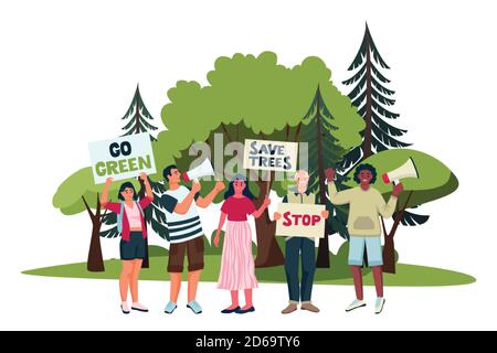 Attivisti ambientali campagna contro la deforestazione. Cartoni animati vettoriali piani illustrazione di protestare eco-attivisti con manifesti in dimostrazione. SA Illustrazione Vettoriale