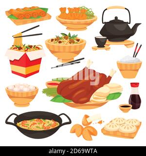 Piatti tradizionali cinesi di festa. Illustrazione di un cartone piatto vettoriale. Set di isolato pasto di cucina cinese. Ristorante asiatico o menu cafe di design el Illustrazione Vettoriale