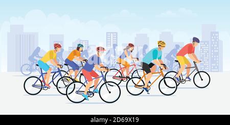 Maratona sportiva in bicicletta. Illustrazione della corsa della bici del cartone animato piatto del vettore. Colorati ciclista persone sullo sfondo del paesaggio urbano. Sport all'aperto, co Illustrazione Vettoriale