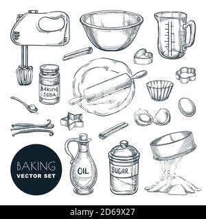 Ingredienti da forno e icone di utensili da cucina. Illustrazione dello schizzo disegnata a mano dal vettore. Set di elementi per la cucina e il design delle ricette, isolati su sfondo bianco Illustrazione Vettoriale