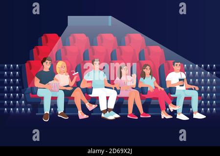 Amici che guardano film comici al cinema e mangiano popcorn. Illustrazione vettoriale a fumetto piatto. Persone sedute in poltrone nell'auditorium del teatro. Illustrazione Vettoriale