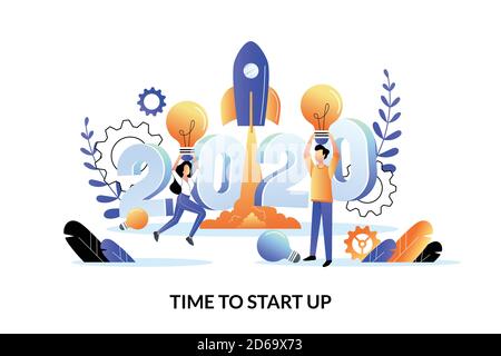 La strategia di avvio dei progetti aziendali e il piano per il nuovo anno 2020. Vettoriale cartoon piano illustrazione di persone creative team per web landing page banner, po Illustrazione Vettoriale
