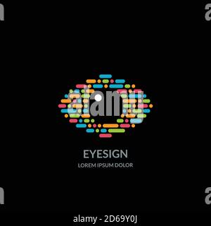 Logo visivo o modello di disegno emblema, isolato su sfondo nero. Illustrazione vettoriale di occhi umani con codice maledico astratto. Concetto per oftalm Illustrazione Vettoriale