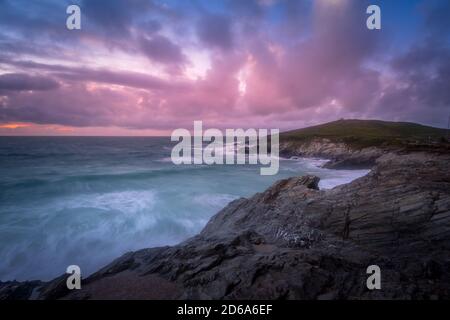 Tramonto sul Towan Headland Newquay, Cornovaglia, Inghilterra, Regno Unito Foto Stock