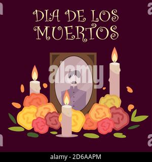 giorno della morte, foto con candele e fiori messicana celebrazione vettore illustrazione Illustrazione Vettoriale