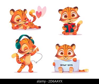 Carino personaggio tigre bambino in diverse pose. Set vettoriale di bot chat cartoon, divertenti flirt kitten, ascoltare musica in cuffia, tenere scatola regalo e banner bianco. Set emoji creativo, mascotte animale Illustrazione Vettoriale