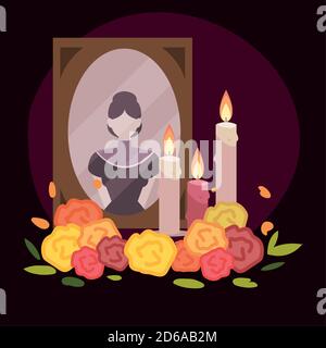 giorno dei morti, cornice con foto femminili candele e fiori, celebrazione messicana vettore illustrazione Illustrazione Vettoriale
