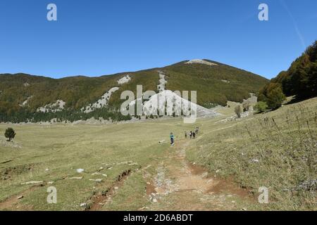 Viggianello, Italia. 11 Ott 2020. Turisti nel piano Ruggio a circa 1550 metri di altezza, sui monti Pollino in Basilicata, Italia meridionale. Meta turistica molto popolare durante tutto l'anno. Credit: Agenzia fotografica indipendente/Alamy Live News Foto Stock