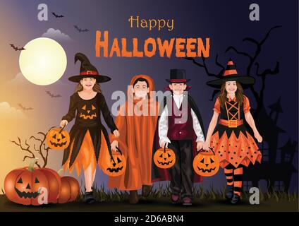 Bambini che camminano su Halloween trucco o trattare. Costumi di Halloween con borse caramelle. Costume bambino. Illustrazione vettoriale Illustrazione Vettoriale