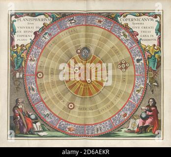 Il planisfero di Copernico, o il sistema dell'intero universo creato secondo l'ipotesi di Copernico esposto in una vista planare. Incisione da Harmonia Macrocosmica Creatore: Andreas Cellarius Data: c. 17th Medium: Incisione colorata a mano luogo: La British Library Foto Stock