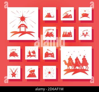 presepe, celebrazione tradizionale spiritualità religiosa insieme di icone sfondo rosso illustrazione vettoriale Illustrazione Vettoriale