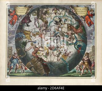 Titolo: L'emisfero stellare meridionale con sfere equamente proporzionate (celeste e terrestre). Incisione da Harmonia Macrocosmica Creatore: Andreas Cellarius Data: 1660 Media: Incisione colorata a mano luogo: La British Library Foto Stock