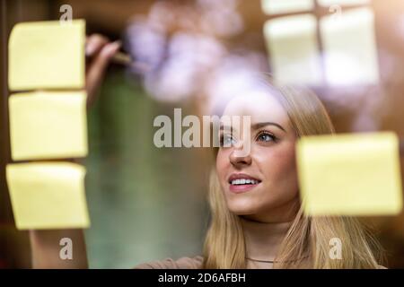Giovane uomo d'affari brainstorming con note su una parete di vetro dentro un ufficio Foto Stock
