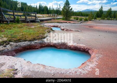 Artista Paint Pots bacino geyser con passerella in legno, Yellowstone National Park, Wyoming, Stati Uniti Foto Stock