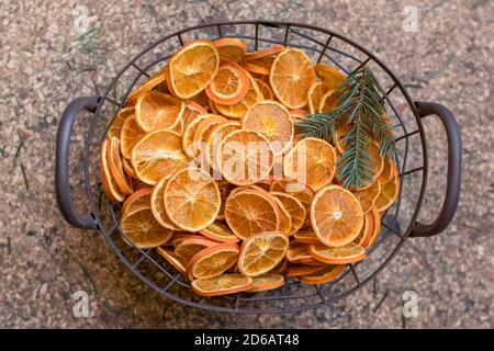dal punto di vista degli uccelli, le fette decorative di agrumi secchi di concetto arancione Foto Stock