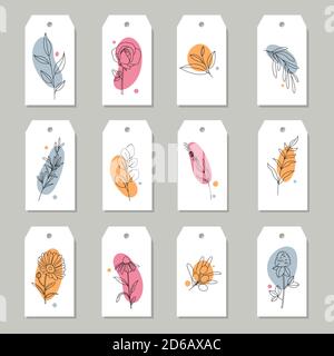 Tag impostati con disegni al tratto e forme astratte. Illustrazione Vettoriale