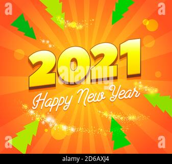 Felice anno nuovo per la progettazione di banner. Felice 2021 nuovo anno banner arancione. Illustrazione vettoriale moderna. Brillante sfondo festa di Natale. Decorazione per le vacanze Illustrazione Vettoriale