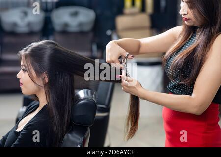 Un parrucchiere fornisce servizi di styling dei capelli ad una giovane donna indiana graziosa, bella donna ottiene i suoi capelli fatti ad un salone. Foto Stock
