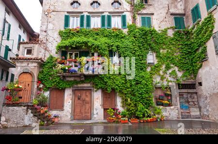 Bellissimo edificio coperto di edera a Pisogne, Lombardia, Italia sulle rive del Lago d'Iseo Foto Stock