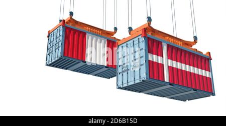 Contenitori per merci con bandiere nazionali della Danimarca e del Perù. Rendering 3D Foto Stock