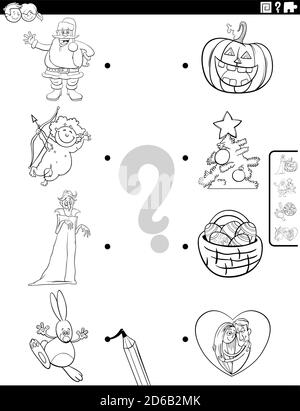 Cartoon bianco e nero Illustrazione di gioco educativo Matching per Bambini con personaggi e simboli delle feste Coloring Book Page Illustrazione Vettoriale