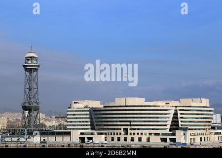 World Trade Center e Port Cable Car torre centrale Torre de Jaume i Barcellona, Spagna, Espana Foto Stock