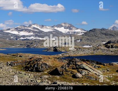 Laghi e ghiacciai nel paesaggio arido degli Icefields Di Jotunheimen National Park in UN giorno estivo soleggiato con Un cielo azzurro e alcune nuvole Foto Stock