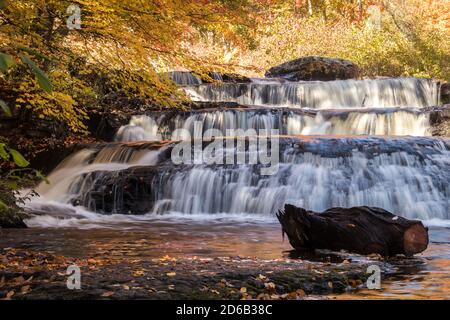 Il peak fall foliage circonda le belle cascate Shohola Falls su un Autunno mattina nella Pennsylvania Poconos Foto Stock