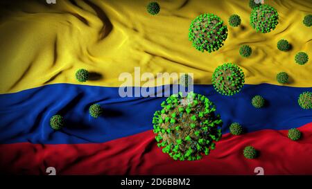 COVID-19 molecole di Coronavirus sulla bandiera colombiana - crisi di salute con Aumento dei casi di COVID - Colombia Virus Pandemic casualità astratto Sfondo Foto Stock