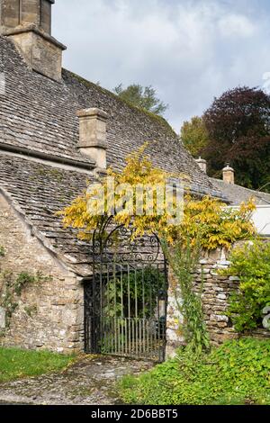 Foglie autunnali di glicine su un cancello in ferro battuto. Compton Abdale, Cotswolds, Gloucestershire, Inghilterra Foto Stock