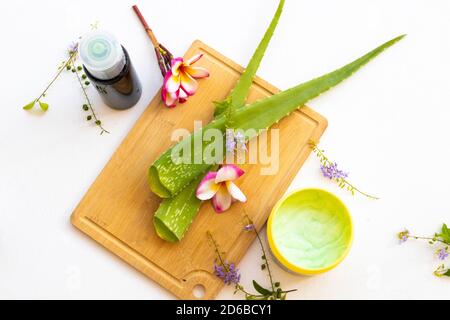 shampoo alle erbe, crema di bagno trattamento aroma salute cura per la testa e capelli da aloe vera locale di asia sistemazione piatta stile di posa Foto Stock