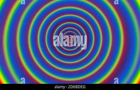 Sfondo astratto con cerchi concentrici di colore arcobaleno. Rifrazione ottica, ondulazione, interpretazione artistica del movimento del tunnel Foto Stock
