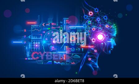 Intelligenza artificiale o intelligenza artificiale con il cervello del computer come una rete neurale. Programmazione e apprendimento automatico profondo della rete neurale. Testa robot con Illustrazione Vettoriale