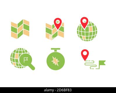 Icona posizione geografica impostata con mappa, pin, mondo con pin, ricerca posizione, bussola e flag destinazione, Illustrazione Vettoriale