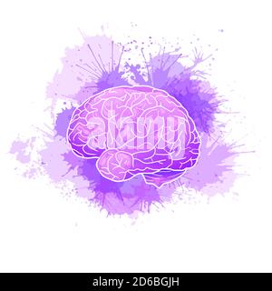 Giornata internazionale dell'Alzheimers. Cervello umano con macchie di acquerello viola. Malattia ed estinzione. Illustrazione vettoriale cartoon per articoli medici, divieto Illustrazione Vettoriale