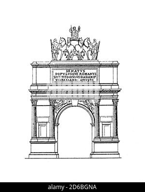 Antica illustrazione dell'arco di Tito a Roma. Incisione pubblicata in vergleichende Architektonische Formenlehre da Carl Scholtze, Lipsia, Foto Stock