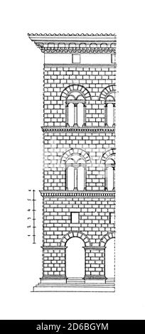 Antica illustrazione raffigurante parte della facciata di Palazzo Piccolomini a Siena. Fu progettato da Alberto di Giovanni Alberti. Pub con incisione Foto Stock