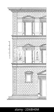 Antica incisione ottocentesca raffigurante la facciata di Palazzo Bartolini a Firenze. Illustrazione pubblicata in forma argleichende Architektonische Foto Stock