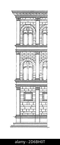 Antica illustrazione ottocentesca raffigurante la facciata di Palazzo Rucellai a Firenze. Incisione pubblicata in vergleichende Architektonische Forme Foto Stock