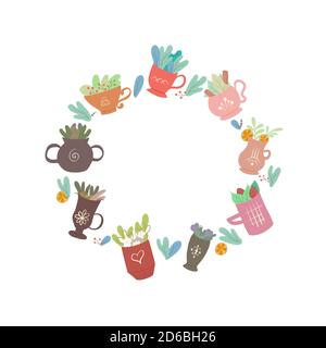Struttura rotonda con tazze decorative piatte di tè con fogliame e vari ingredienti. Tè estivi con cannella, menta, limone, fragola e fogliame. MAG Illustrazione Vettoriale