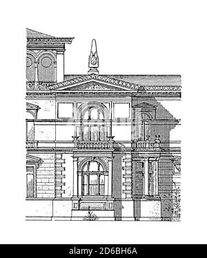 Antica illustrazione della villa di Lemgo, progettata da Franz Ewerbeck (1874). Incisione pubblicata in vergleichende Architektonische Formenlehre di Carl S. Foto Stock