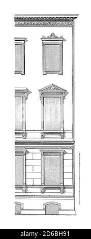 Antica incisione del XIX secolo raffigurante la facciata della scuola a Dresda, XIX secolo. Illustrazione pubblicata in vergleichende Architektonische Formenlehr Foto Stock