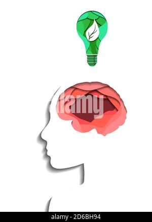 Cervello umano a strati e lampadina eco-luminosa tagliata di pape su sfondo bianco. Origami di carta tagliata. Un'idea e un'innovazione eco-compatibili. Vector 3d illustratio Illustrazione Vettoriale