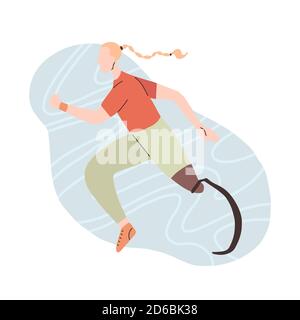 Illustrazione piatta di ragazza runner con gamba protesica. Jogger sportswoman. Donna atletica forte stilizzata con disabilità. Sport per tutti. Arte vettoriale Illustrazione Vettoriale