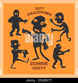 Set di silhouette zombie cartoon. Una raccolta di zombie per Halloween su sfondo arancione Illustrazione Vettoriale