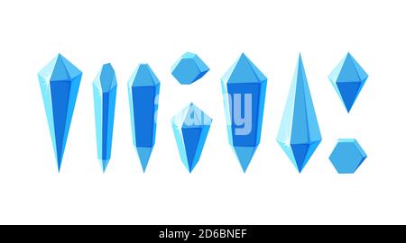 Cristalli di ghiaccio in forma di prismi o pietre gemme. Minerali o pezzi congelati di ghiaccio per la progettazione di giochi. Illustrazione vettoriale in stile cartoon Illustrazione Vettoriale