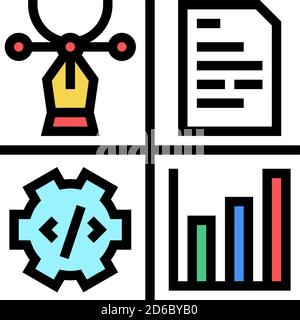 illustrazione vettoriale delle icone dei colori dei processi di progettazione, programmazione, gestione dei contenuti e analisi Illustrazione Vettoriale